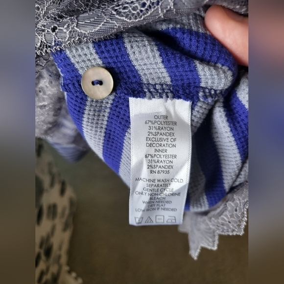 LOGO by Lori Goldstein Waffle Knit Striped Lace Hem Button Down Tunic Top - Picture 5 of 6